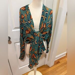 Patrons of Peace Teal Floral Open Front Top